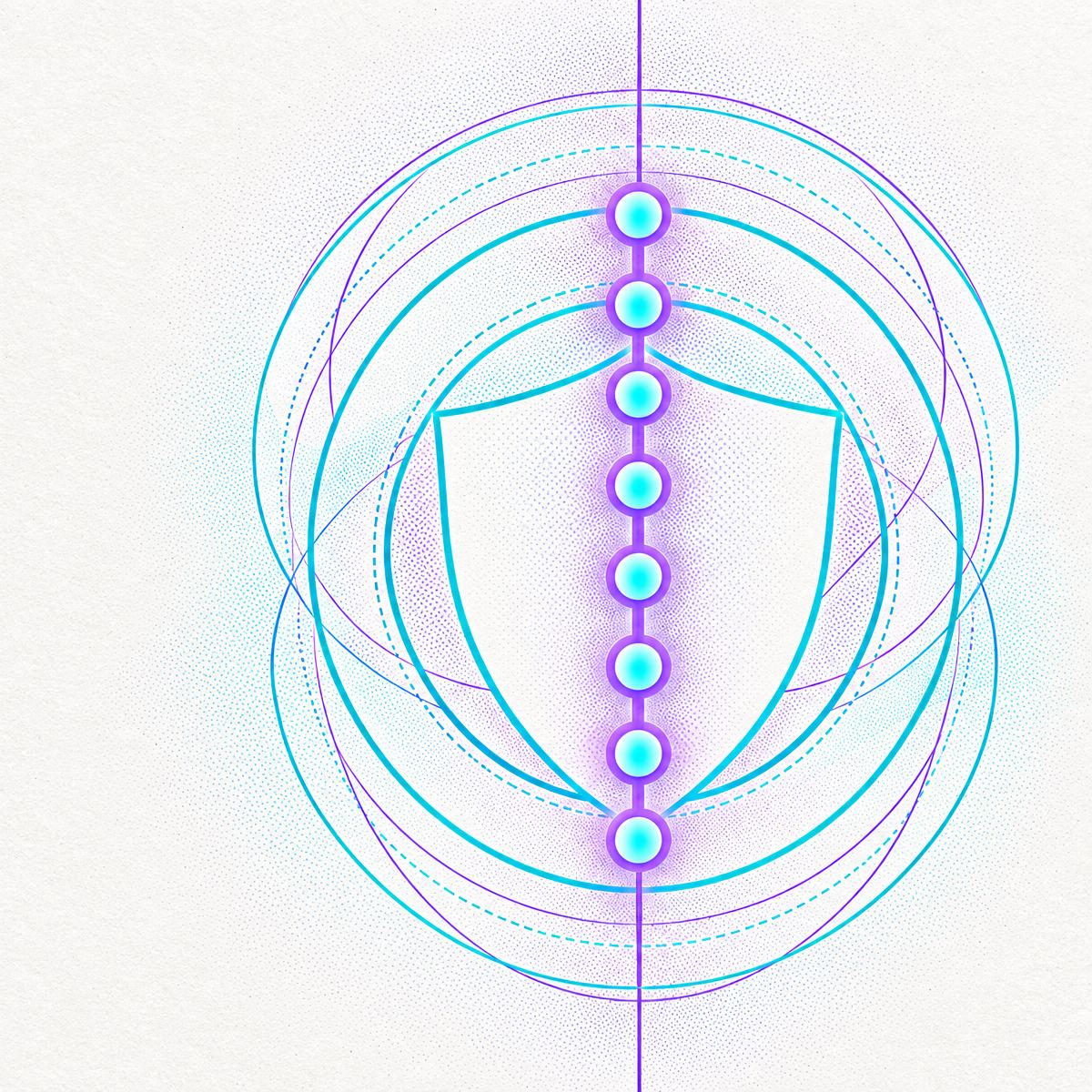 Een verticale ruggengraat van oplichtende knooppunten binnen beschermende contourringen